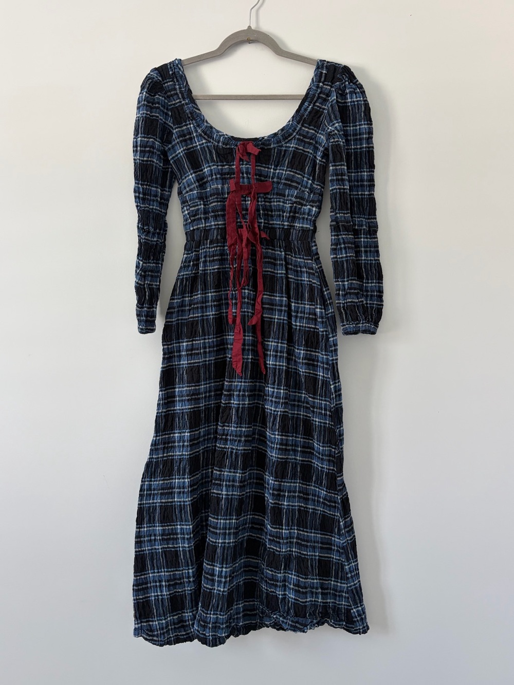 Plaid Midi Dress with Burgundy Tie Detail - Blue - Picture 2 of 11